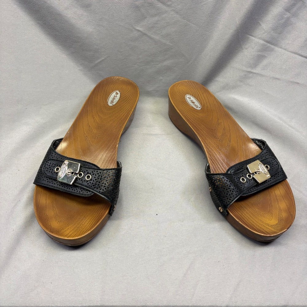 Dr. Scholls Black Laser Cut Slide Sandals Wood Look Wedge Buckle Clog Mules